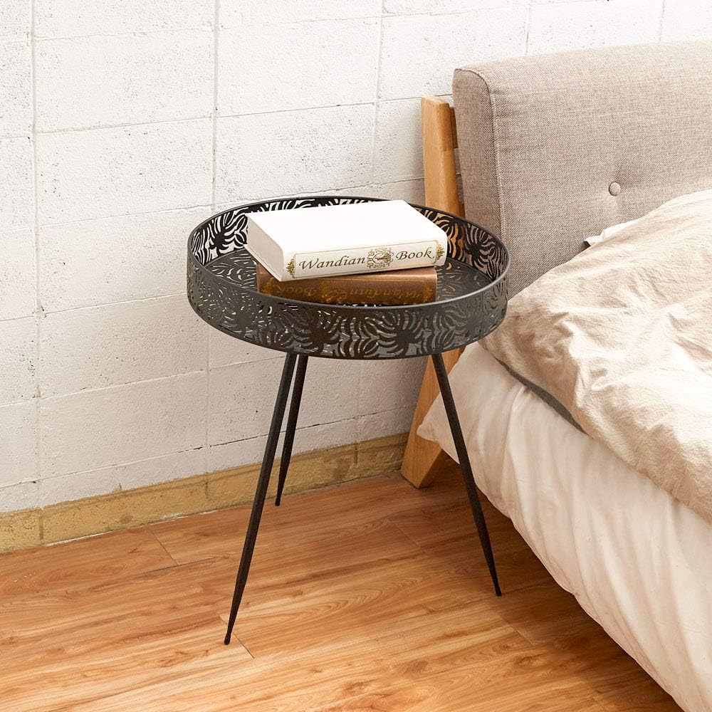 Donosura Side Table Plant Table 16 Inch End Table Indoor Outdoor Coffee Table Perfect for Picnic Food Kitchen Bedroom Graden Patio, Black Metal Round : Garden & Outdoor
