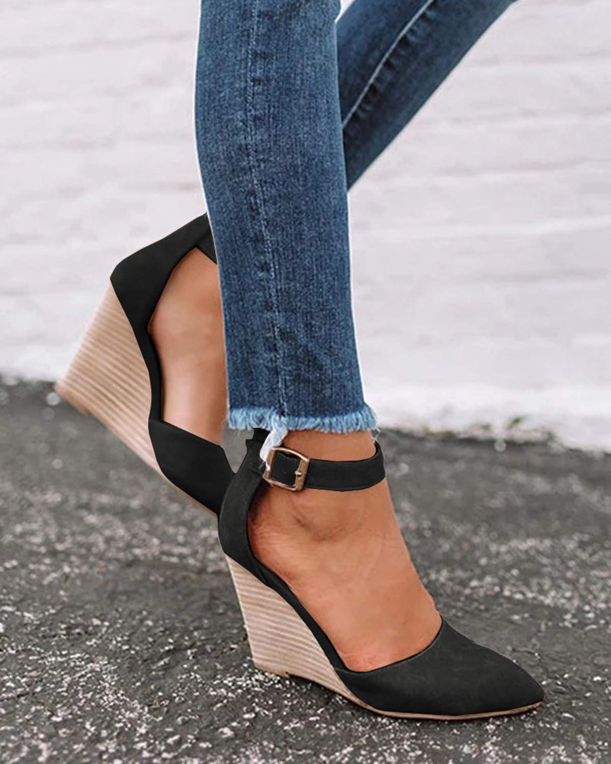 LAICIGO Women’s Wedge Pumps Pointed Toe Ankle Strap Buckle High Heel Faux Leather Dress Sandals - Image 4