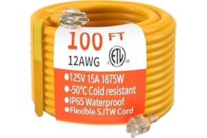 HUANCHAIN 100 ft 12/3 Gauge Heavy Duty Outdoor Extension Cord Waterproof with lighted, Flexible Cold Weather 3 Prong Electric Cord Outside, 15A 1875W 125V 12AWG SJTW, Yellow, ETL Listed