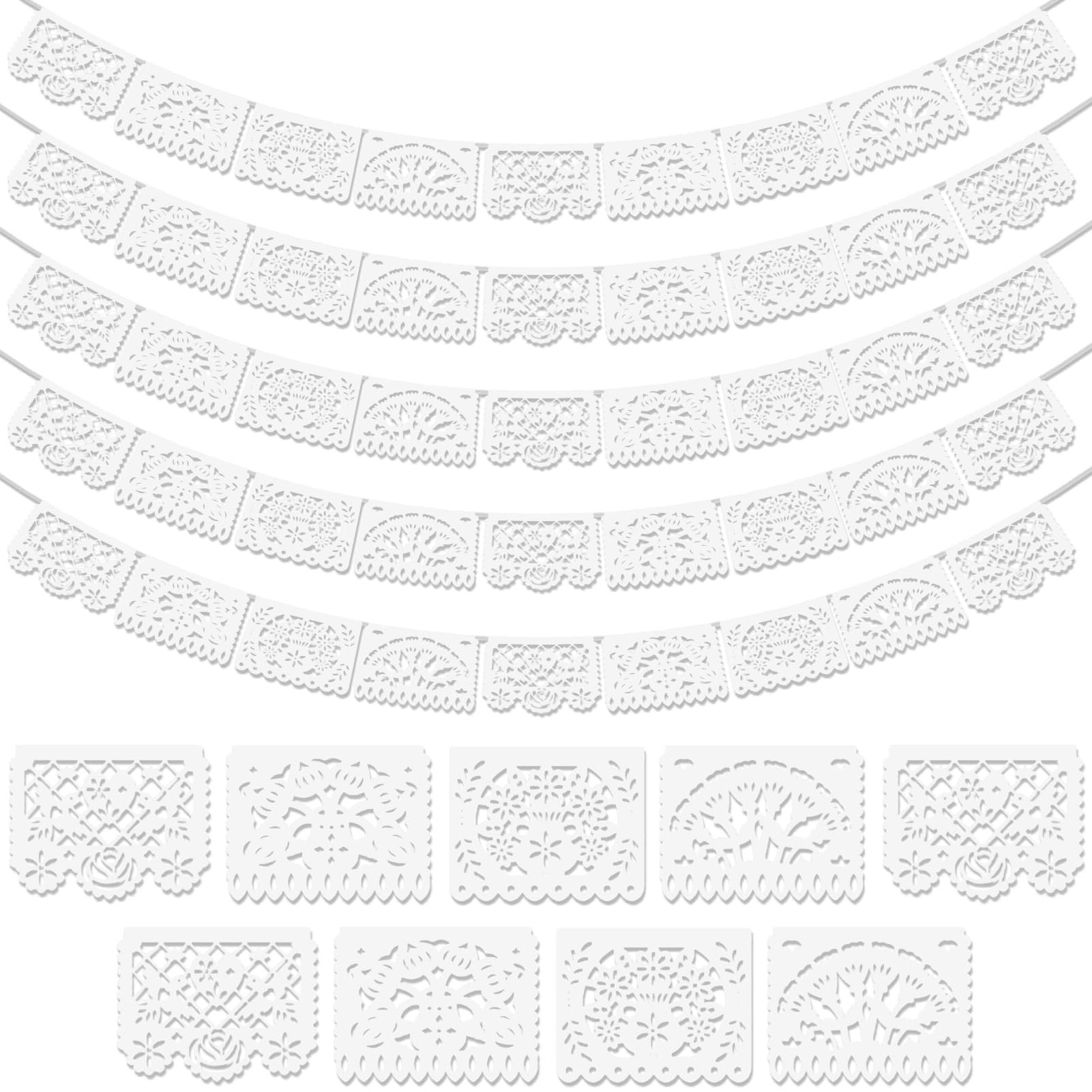 Photo 1 of 5 Pack White Papel Picado Banner, 90Ft White Mexican Banner for Parties Weddings, Papel Picado Dia De Los Muertos, Cinco De Mayo Decor, Day of The Dead Decorations, Fiesta Party Decoration Supplies