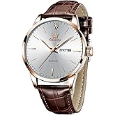 OLEVS Mens Watches, Dress Waterproof Classic Analog Casual Luxury Wrist Watch for Men with Date, Easy to Read Relojes para Hombres Male Quartz Wristwatch with Brown Black Leather Band Blue Black Dial