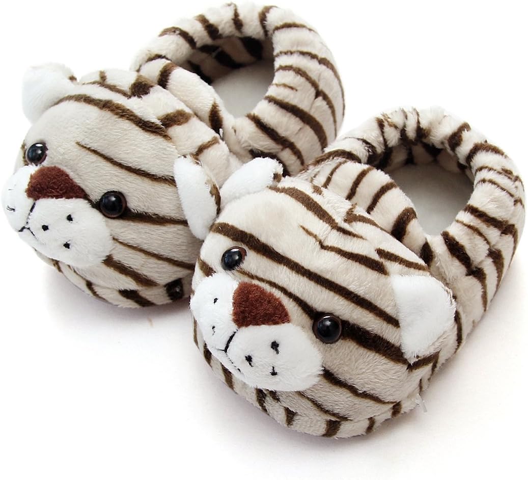 Dicry Cute Tiger Plush Warm Baby Non-Slip Home Slippers with Soft Soles Winter Walking Grey