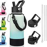 BJPKPK 32oz Insulated Water Bottles with 3 Lids, Paracord Handle & Non-slip Boot, Stainless Steel Metal Water Bottle,Reusable BPA Free Thermal Flasks, Tumblers, Mint