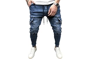 Elastic Waist Jeans for Men Men Slim Fit Denim Jogger Jeans Tapered Cuffed Drawstring Cargo Zipper Pants