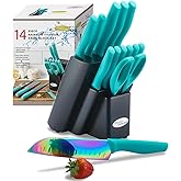 Marco Almond Knife Block Set, Knife Set Rainbow Color, 14 Piece Stainless Steel Kitchen Knife Sets with Block, KYA27 Chef Cooking Steak Knives Set for Kitchen