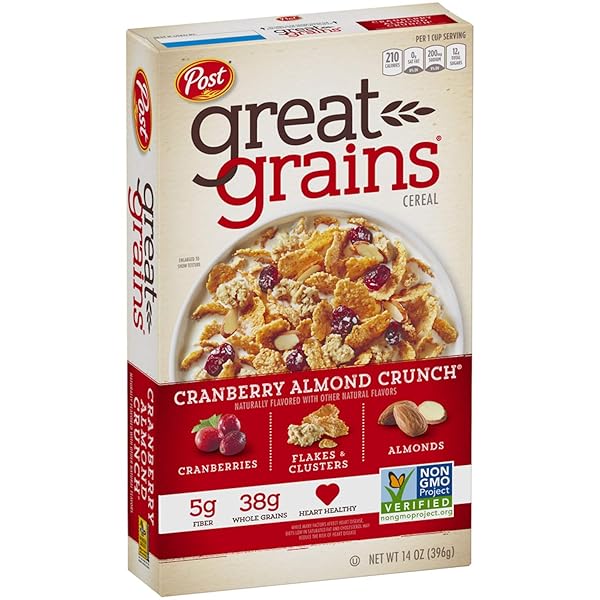 POST GREAT GRAINS CRANBERRY ALMOND CRUNCH WHOLE GRAIN, NON GMO VERIFIED, HEART HEALTHY CEREAL, 14 OUNCE BOX