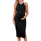 Ekouaer Maternity Dress Rib Knit Side Slit Stretchy Bodycon Pregnancy Dresses Halter Neck Sleeveless Pregnant Clothes