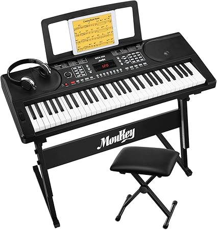 Amazon Moukey 電子キーボード 61鍵盤 初心者セット スタンド ヘッドホン マイク 椅子付属 300音色 50曲内蔵 Pse認証済 ブラック Mek 0 楽器 音響機器 楽器