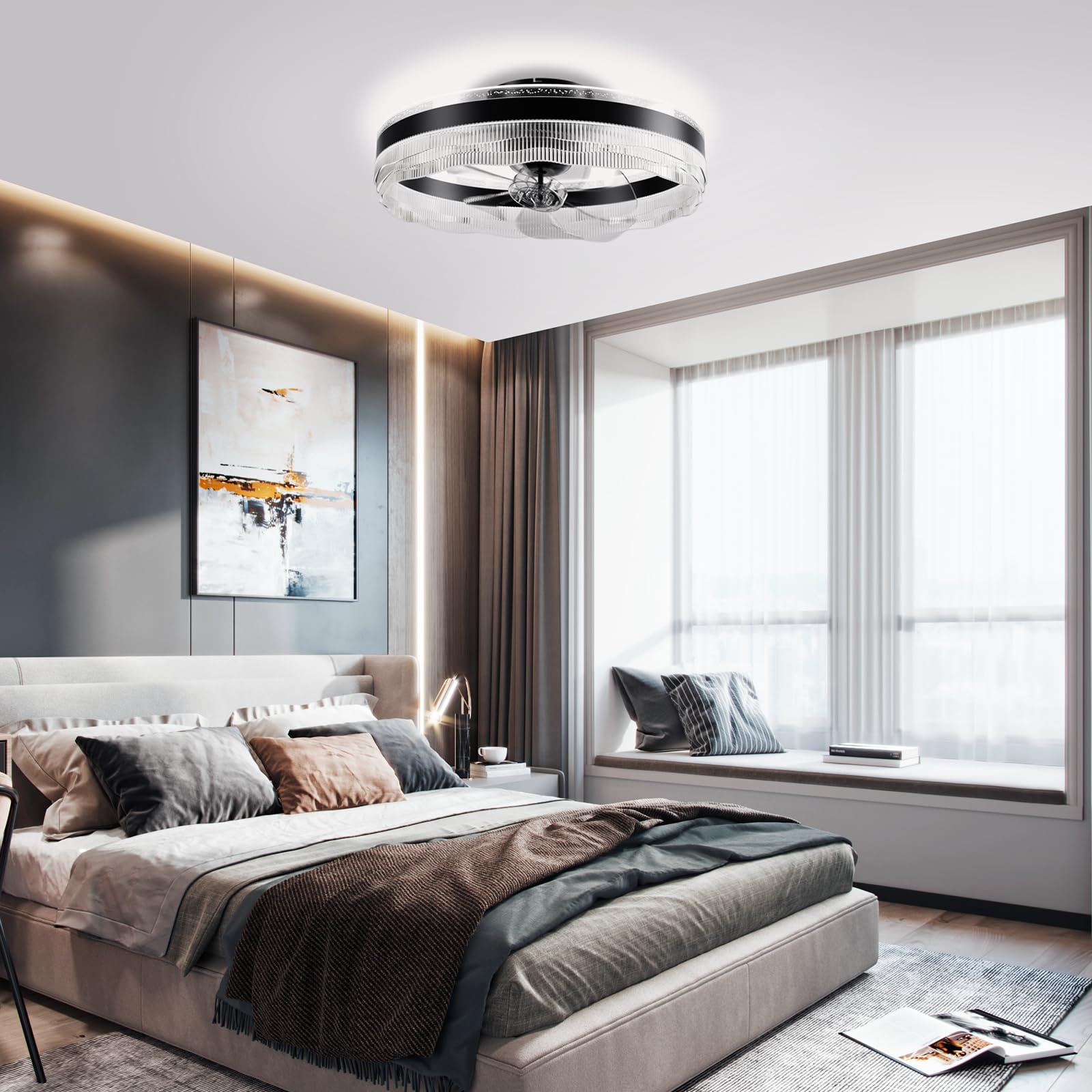 kejector Low Profile Ceiling Fan with Light,20 Inch Fandelier Ceiling Fans with Lights and Remote App Control,360°Oscillation Bladeless Flush Mount LED Fan Light for Bedroom Living Dining Room