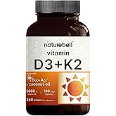 NatureBell Vitamin D3 K2-240 Softgels - 5,000 IU Vitamin D3 & 100mcg Vitamin K2 MK-7 - with Virgin Coconut Oil - Bone, Heart & Immune Health Support* - Duo-Ack Formula