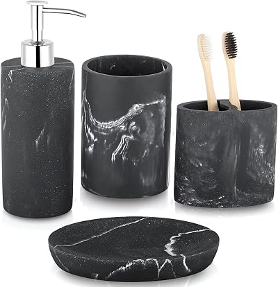 ZCCZ Marble Pattern Bathroom Accessories Set 4 Piece Black Resin