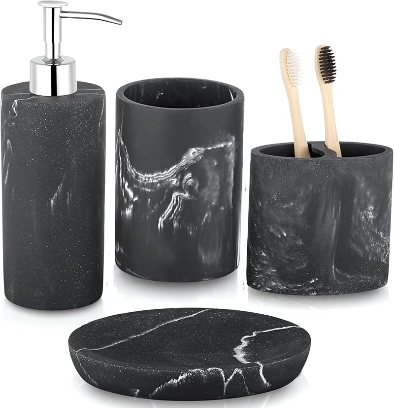 ZCCZ Marble Pattern Bathroom Accessories Set 4 Piece Black Resin