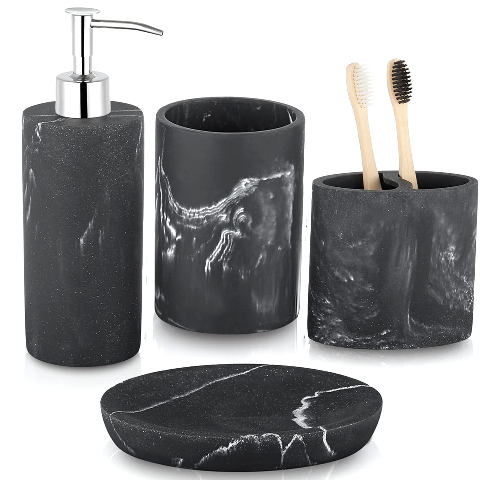 ZCCZ Marble Pattern Bathroom Accessories Set - 4 Piece Set with Soap Dispenser, Toothbrush Holder, Tumbler, Soap Dish - Black