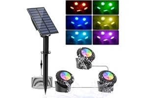 T-SUN Solar Fountain Lights Submersible Solar LED Underwater Pond Lights Color Changing Landscape Spotlights IP68 Waterproof for Garden Fish Trank Aquarium Pool Waterproof (3 Lights in 1)
