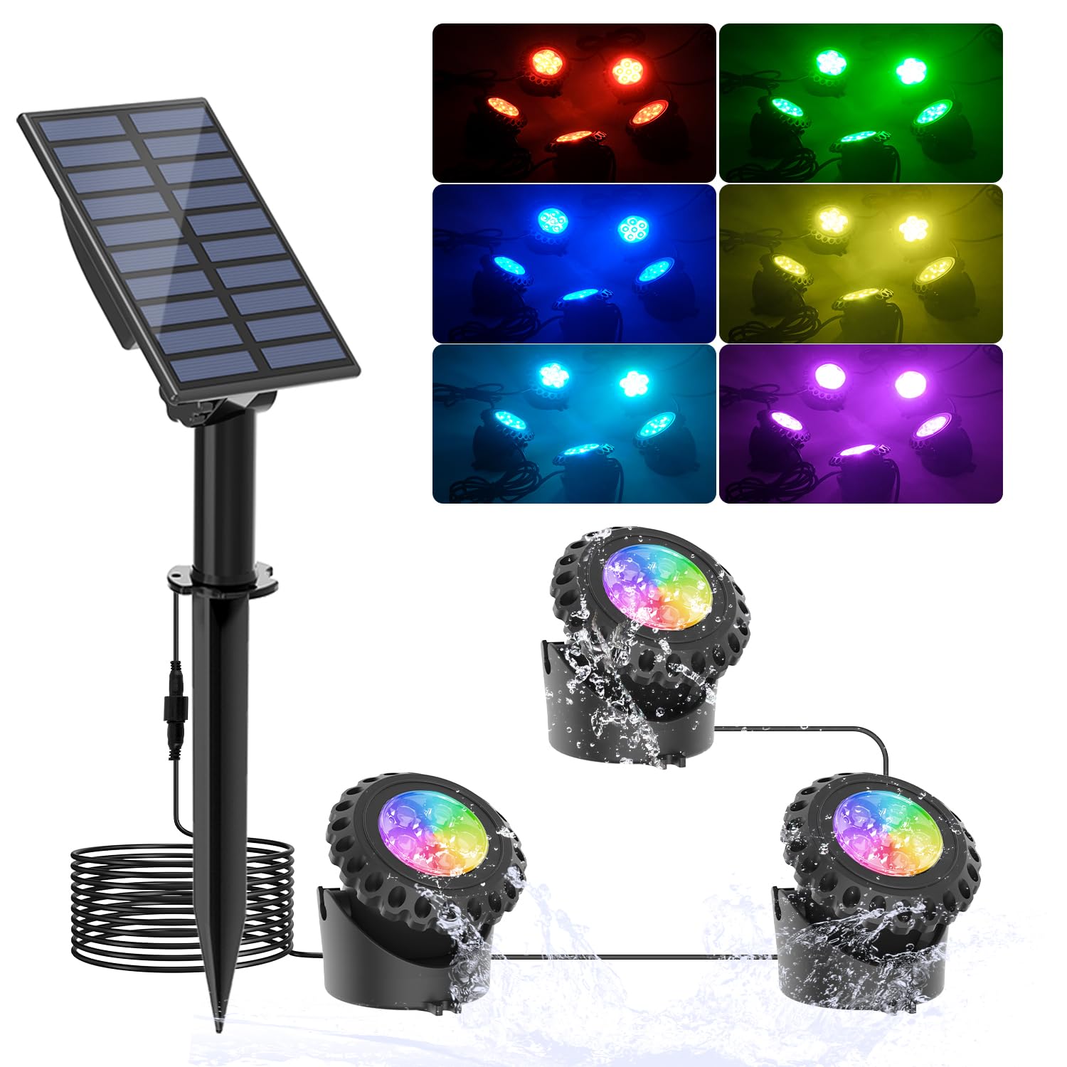 Photo 1 of T-SUN Solar Fountain Lights Submersible Solar LED Underwater Pond Lights Color Changing Landscape Spotlights IP68 Waterproof for Garden Fish Trank Aquarium Pool Waterproof (3 Lights in 1)