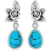 Genuine Turquoise Rose Earrings for Women, Sterling Silver Vintage Native American Western Jewelry Teardrop Earrings Birthday Gift