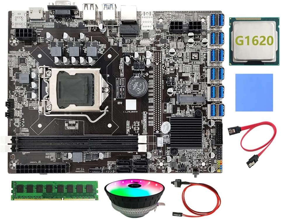 Lodokdre B75 BTC ETH Mining Motherboard 12 PCIE LGA1155 8GB DDR3 RAM G1620 CPU