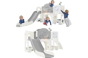 Virubi 9 in 1 Toddler Slide Playset, Climbing Toys Indoor Outdoor for Toddlers 1-3, Kid Slide with Ring Toss, Basketball Hoop & Telescope, Kid Playground with Sturdy Structure