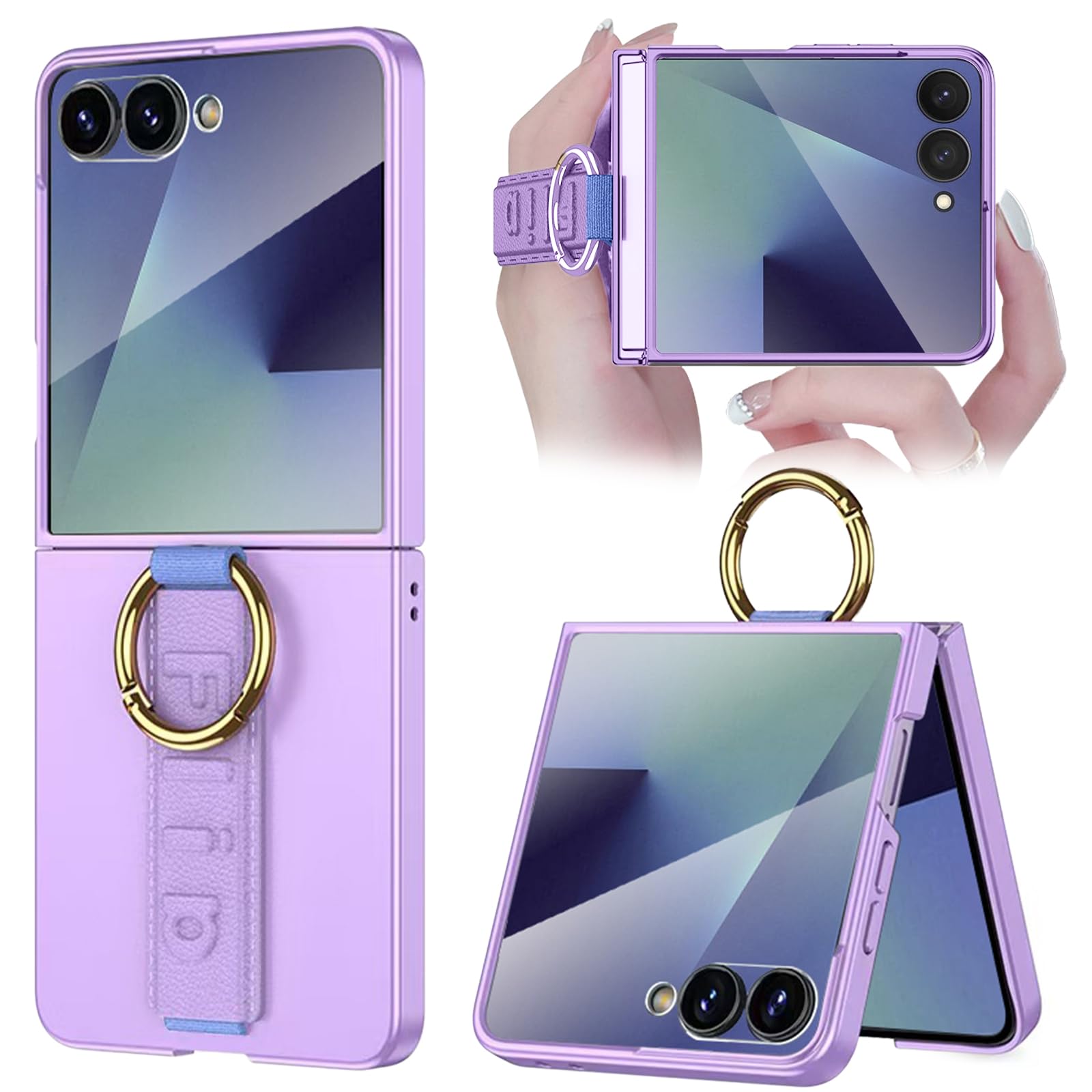 NINKI Camera Screen Protection for Samsung Galaxy Z Flip 7 Phone Case with Wristband,Cute Hard PC Full Body Protector for Galaxy Z Flip 7 Band Cover for Samsung Z Flip 7 Phone Case Women Girls Purple