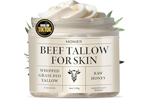 MONIER Whipped Beef Tallow for Skin, Tallow and Honey Balm for Face, Moisturizer with 100% Organic Grass-Fed Beef Tallow & Raw Wild Honey - Natural Formula for Dry & Sensitive Skin (Unscented)