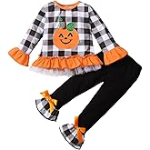 ITFABS 1-6T Toddler Girl Halloween Clothes Set Plaid Pumpkin T-Shirts Tees Pullover Shirts Tops+Flare Pants Outfit Set