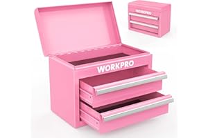 WORKPRO Mini Metal Tool Box with 2 Drawers and Top Storage, Small Tool Chest with PVC Liners and PP Feet Pads, Cold Rolled Steel Toolbox with Magnetic Tab - Pink Ribbon