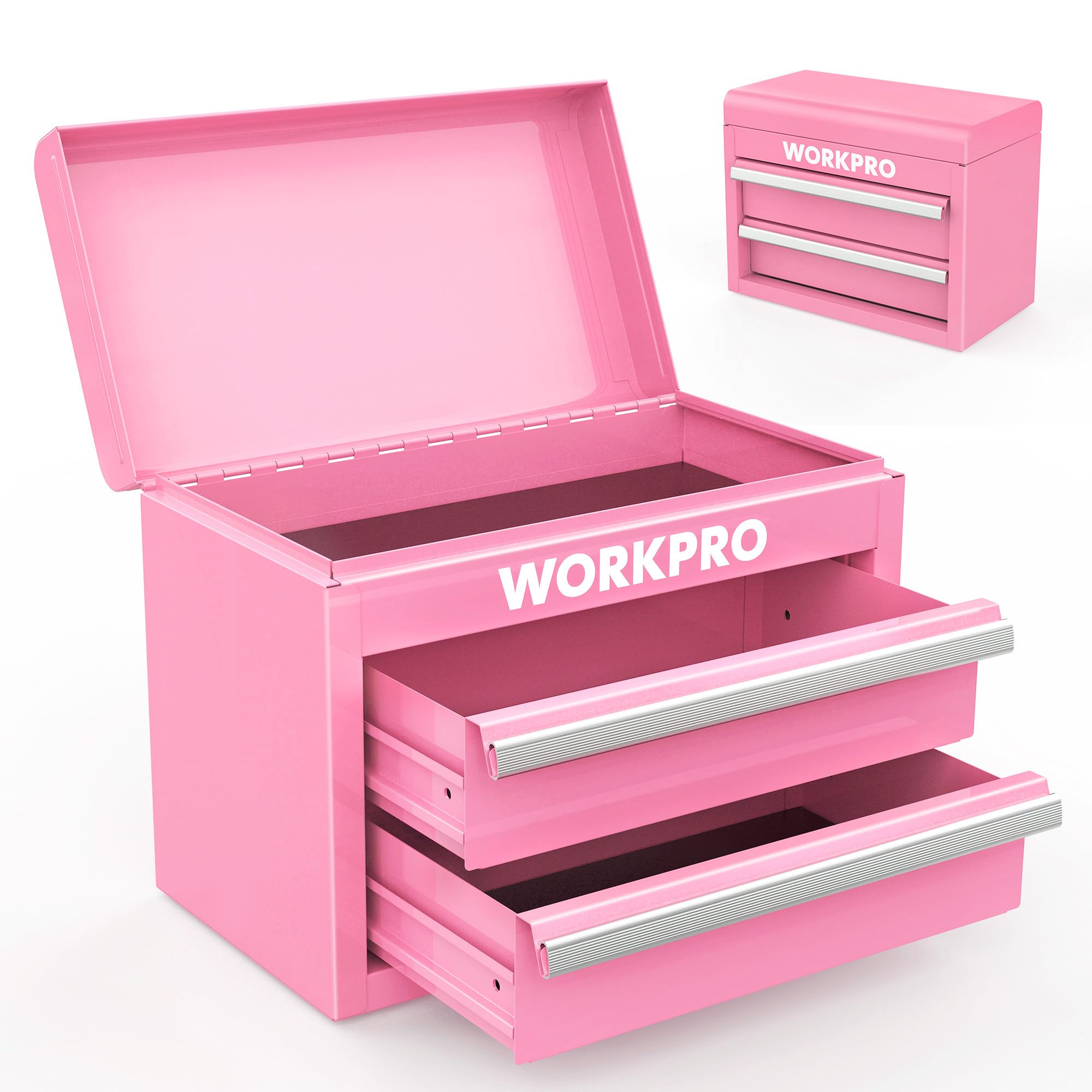 WORKPRO Mini Metal Tool Box with 2 Drawers and Top Storage, Small Tool Chest with PVC Liners and PP Feet Pads, Cold Rolled Steel Toolbox with Magnetic Tab - Pink Ribbon