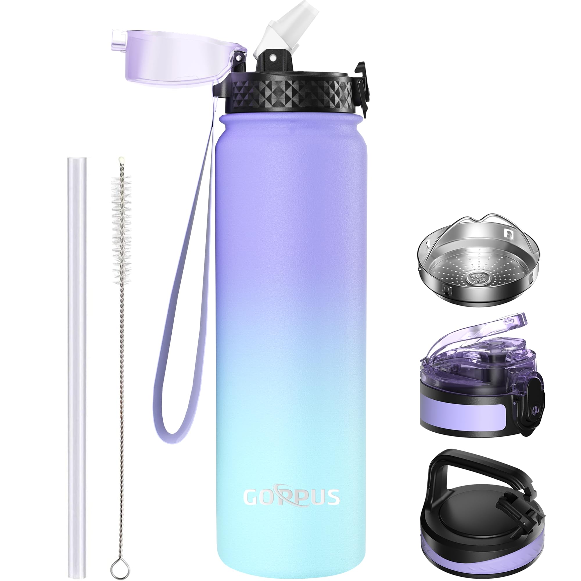GOPPUS 1L/32oz Stainless Water Bottle with Straw Double Wall Insulated Bottles with Strap Reusable Vacuum Thermal Flask Leakproof Keep Cold Drinks Bottles with Flip Top Lid for Gym Men Women BPA Free