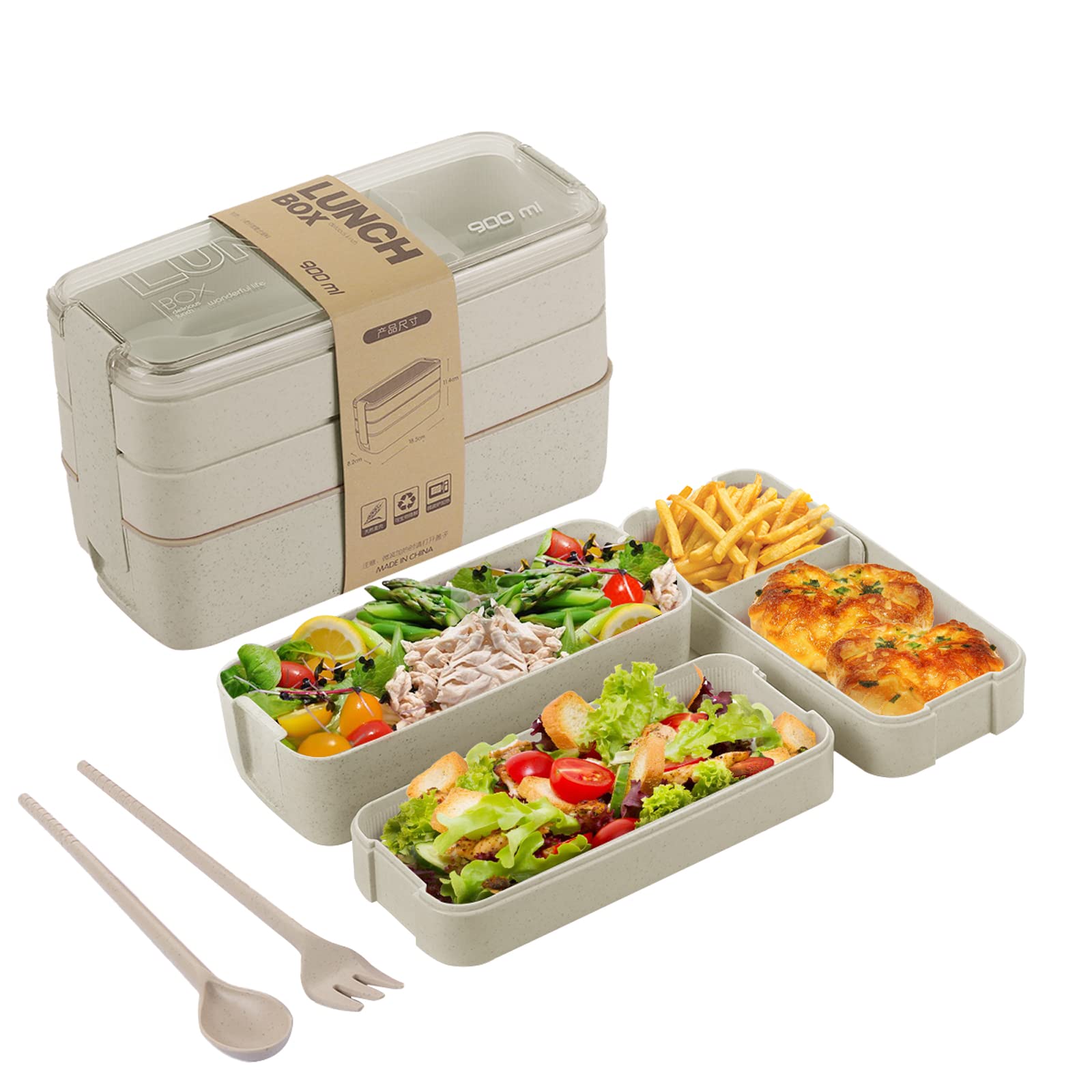 Photo 1 of Bento Box for Adults, 3-In-1 Meal Prep Container, 900ML Japanese Lunch Box with Compartment, Wheat Straw, Leak-proof, Spoon & Fork, BPA-free (Beige)
