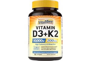 Vitalibre Vitamin D3 K2 Supplement, 10000 IU D3 / 200 mcg K2 MK7, Calcium Absorption, Bone, Heart, Immune & Mood Support, Enhanced Absorption, No Soy, Easy to Swallow, 90 Softgels