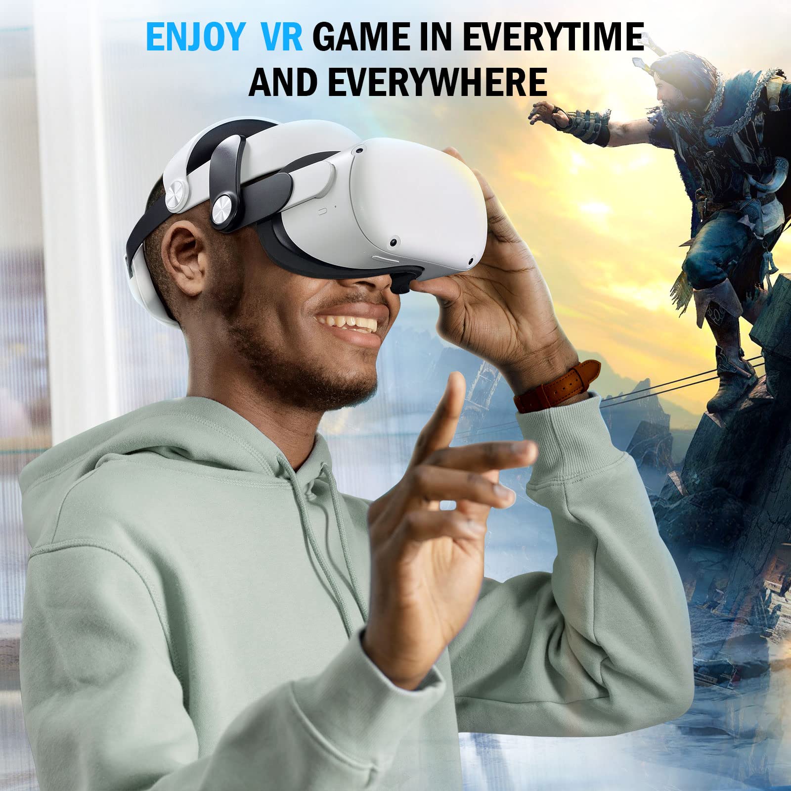 Battery Head Strap for Oculus Quest 2, 5300mAh Fast Charging Battery Pack Extend 6 Hous Playtime, Adjustable Elite Strap for Meta Quest 2 Enhanced Comfort and Gaming Immersion VR Accessories