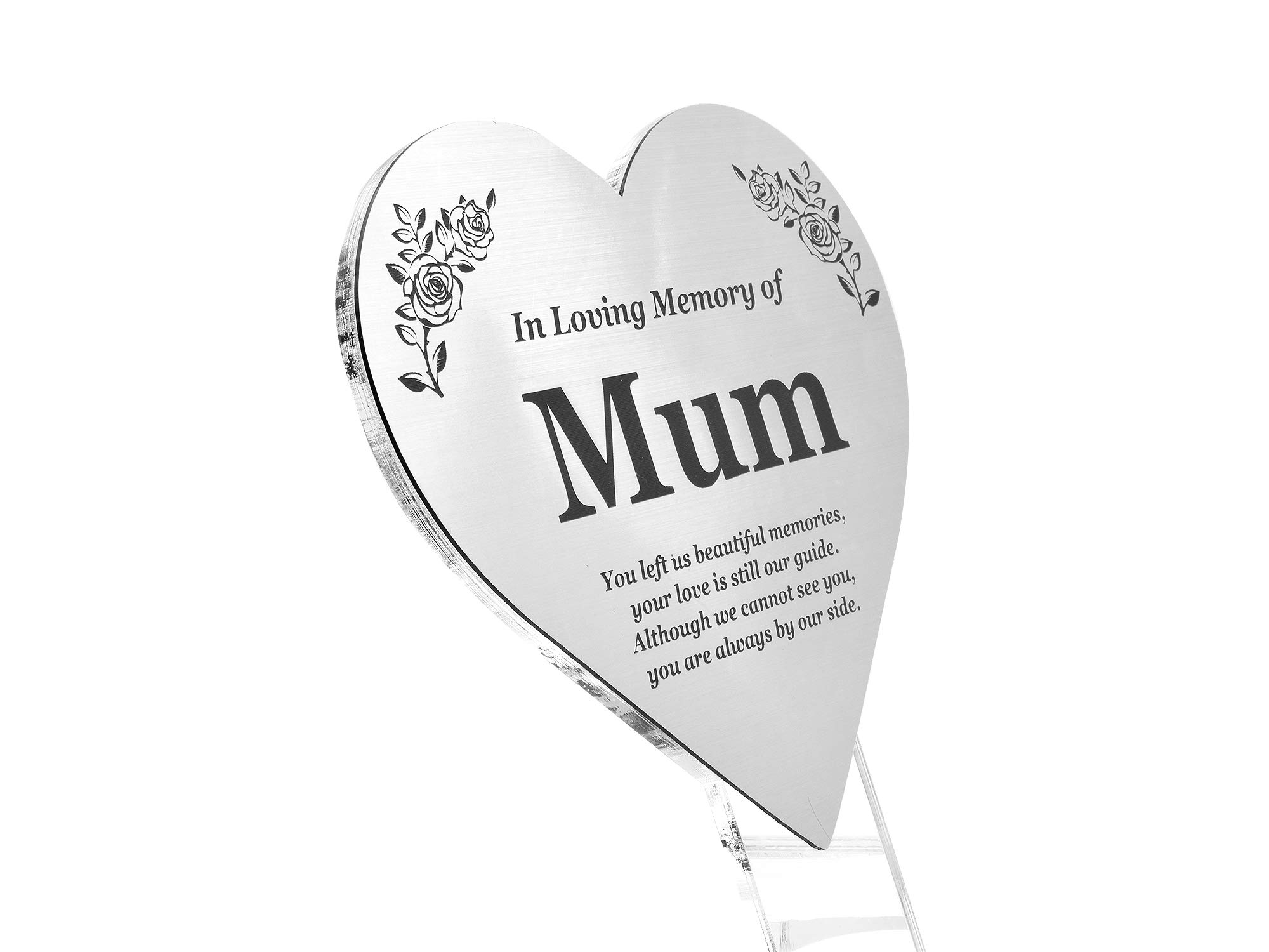 MUM Floating Heart Memorial Remembrance Plaque Stake - Metallic SILVER Acrylic, Waterproof, Outdoor, Grave Marker, Tribute, Plant Marker