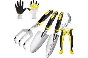 PULNDA Garden Tools Set, 5 Pcs Gardening Tools with Non-Slip Rubber Grip, Including Transplanting Spade, Trowel, Cultivator, Pruner and Gardening Gloves, Ideal Garden Kit Gifts for Parents and Kids