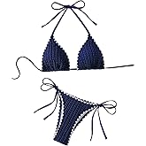 BEAUDRM Women's 2 Piece Triangle Halter Bikini Sets Textured Tie Side High Cut Thong Bikini Trendy Cute Bathing Suit