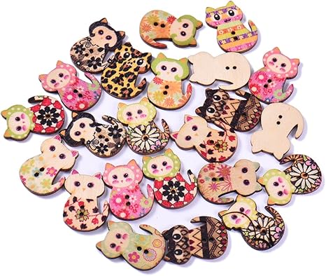 Amazon Co Jp Qin 木のボタンセット ウッドボタン カラフル かわいい 猫の形 アンティーク調 手芸 手作り ボタン 2つ穴 50枚セット 手芸に最適 ホーム キッチン