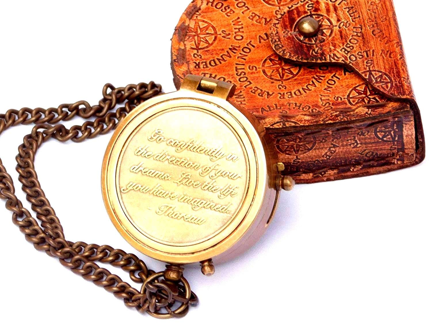 Go Confidently Quote Engraved Twist Open Brass Pocket With Leather Case, Directional Magnetic Navigational Compass, Nautical Compass, Gift