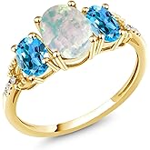 Gem Stone King 10K Yellow Gold Oval Cabochon White Simulated Opal Swiss Blue Topaz and Diamond Accent 3-Stone Engagement Ring For Women | 2.14 Cttw