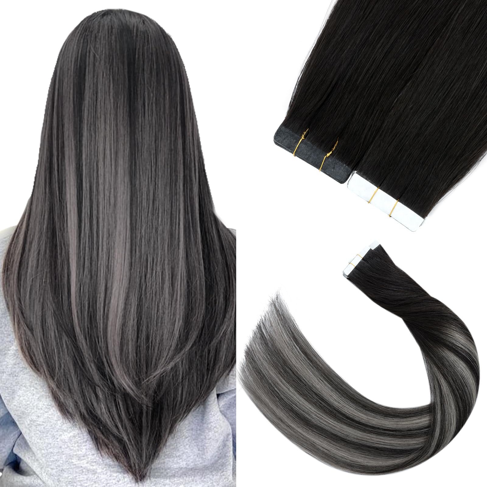Silk-co Real Remy Tape in Straight Human Hair Extensions Balayage Seamless Tape on Hair Extension Straight Human Hair 16 Inch (10PC-25g)#1BT1BPGREY Natural Black Ombre Natural Black & Grey — image 1