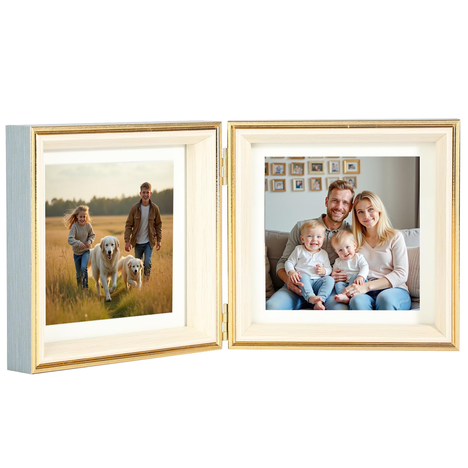 Photo 1 of Epecfan Double Hinged 5x5 Picture Frame with Real Glass in BlueGolden- Display 4x4 with Mat or 5x5 without Mat, Foldable Photo Frame for Tabletop, Nice Gift for Family & Wedding Memories(PS006-BGB5)
