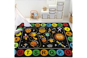 Capslpad Black Outer Space Kids Play Rug ABC Alphabet Kids Play Mat for Toddlers Non Slip Solar System Star Planets Nursery Rug for Girl Boy Kid Carpet for Bedroom Playroom Nursery Decor,5'x6.6'