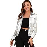 Allegra K Women's Holographic Shiny Party Christmas Long Sleeve Lightweight Zipper Metallic Jacket