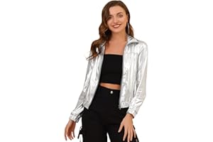 Allegra K Women's Holographic Shiny Party Christmas Long Sleeve Lightweight Zipper Metallic Jacket