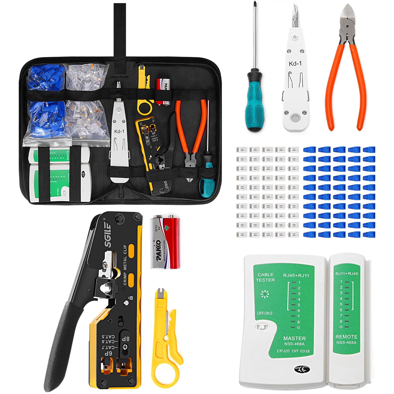 SGILE Network Tool Kit, RJ45/RJ11/RJ12 Crimping Tool for Cat5/Cat6, with 50 Cat6 Connectors, Cable Tester & Wire Stripper, Ethernet Repair Set
