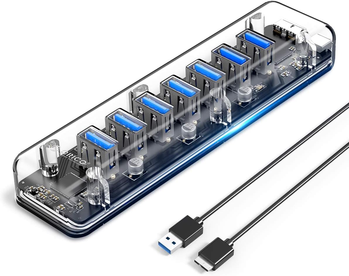 ORICO USB 3.0 Hub, 7 Ports USB3.0 Transparent Desktop HUB with Blue Indicator Light & Dual Port Power Supply, Mini Portable Hub for MacBook, Chromebook, Notebook PCs, iPhone, Smartphones - Clear