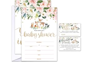Geuro Set of 25 Baby Shower Invitations with Envelopes, Diaper Raffle Tickets and Baby Shower Book Request Cards, Floral Wooden Animals
