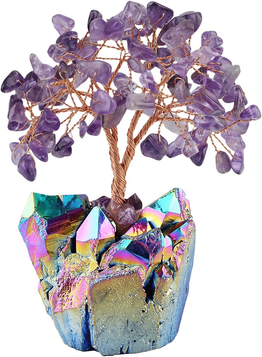 Loveliome Amethyst Crystal Tree, Multi-Color Titanium Crystal Base Feng Shui Bonsai for Money Wealth Good Luck Reiki Healing Balancing Decor