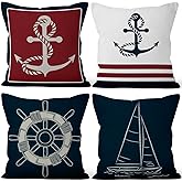Vie Savaran 4 Pcs/Set Nautical Pillow Covers Patchwork Anchor Pillowcase with Compass Corals Linen Pillow Cushion Cases Outdoor Decorative Pillow Covers for Couch Sofa Bedroom Car, 18"x18"