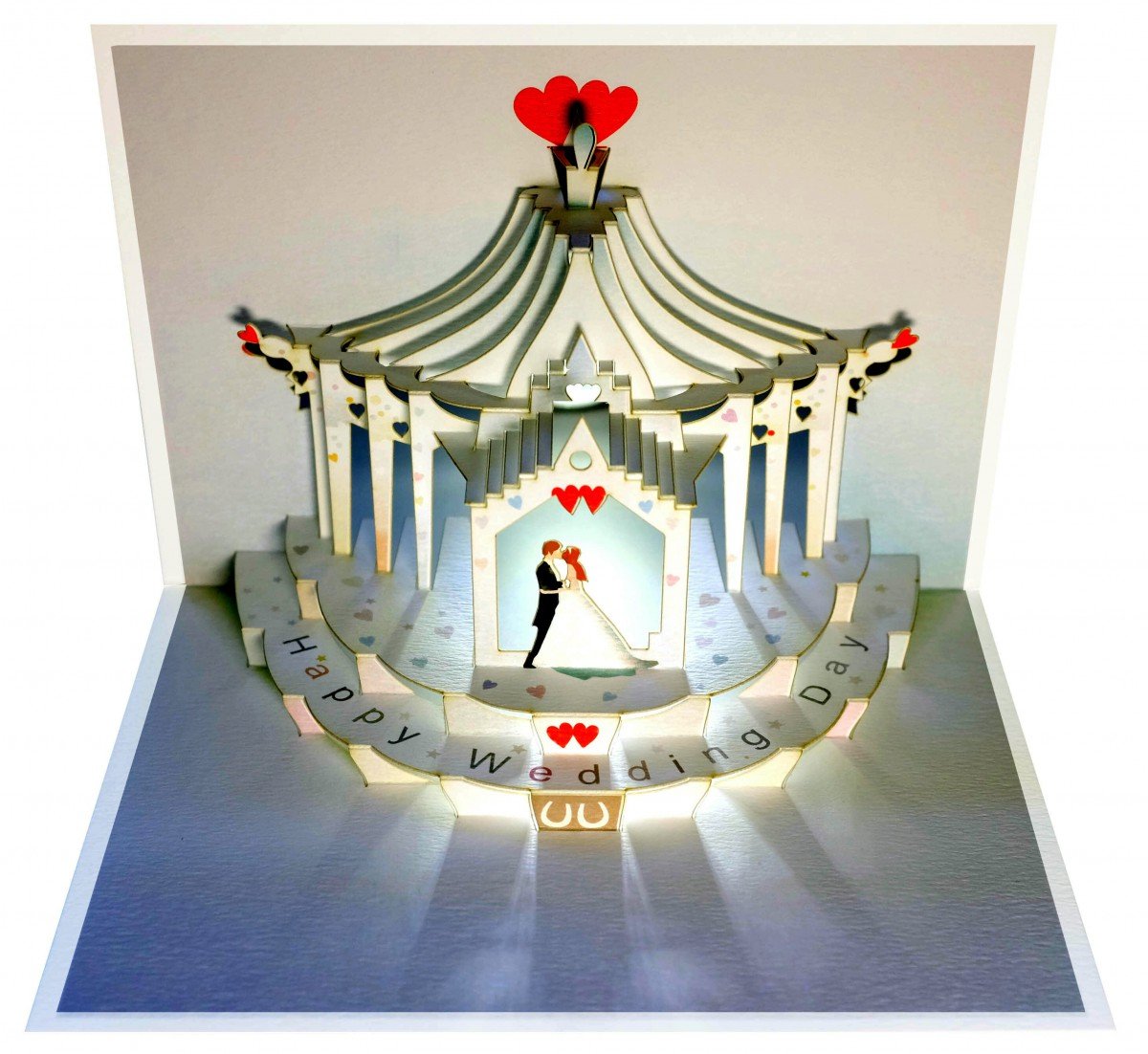 Forever handmade pop up wedding card, classy and elegant with a stunning opening effect as it is laser cut cut from a sheet of high quality cardboard Designed and produced by GE Feng in Ross on Wye in Wales, GP100