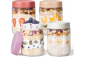Overnight Oats Jars, 4 Pieces of 500ml/16oz Overnight Oatmeal Container with Lid by Pitch Pulse, Homemade Yogurt Oatmeal Sala