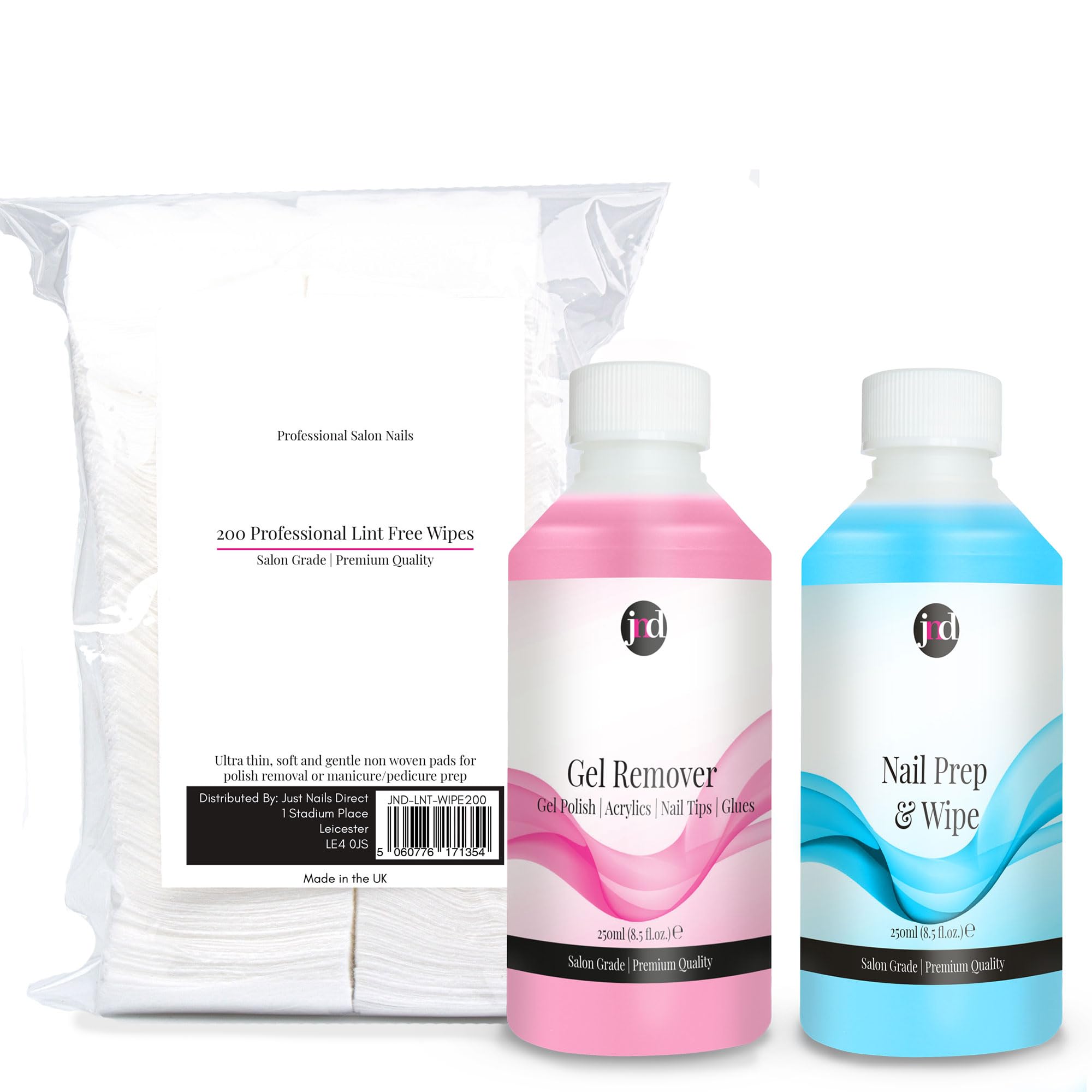JND Nail Prep Wipe (Sanitises Nail Plate & Removers Tacky Layer) & Gel Remover (Fast Action Nail Polish, Gels, Acrylics, Tips, and Glue Remover) (2x 250ml + 200 Lint Free Wipes)
